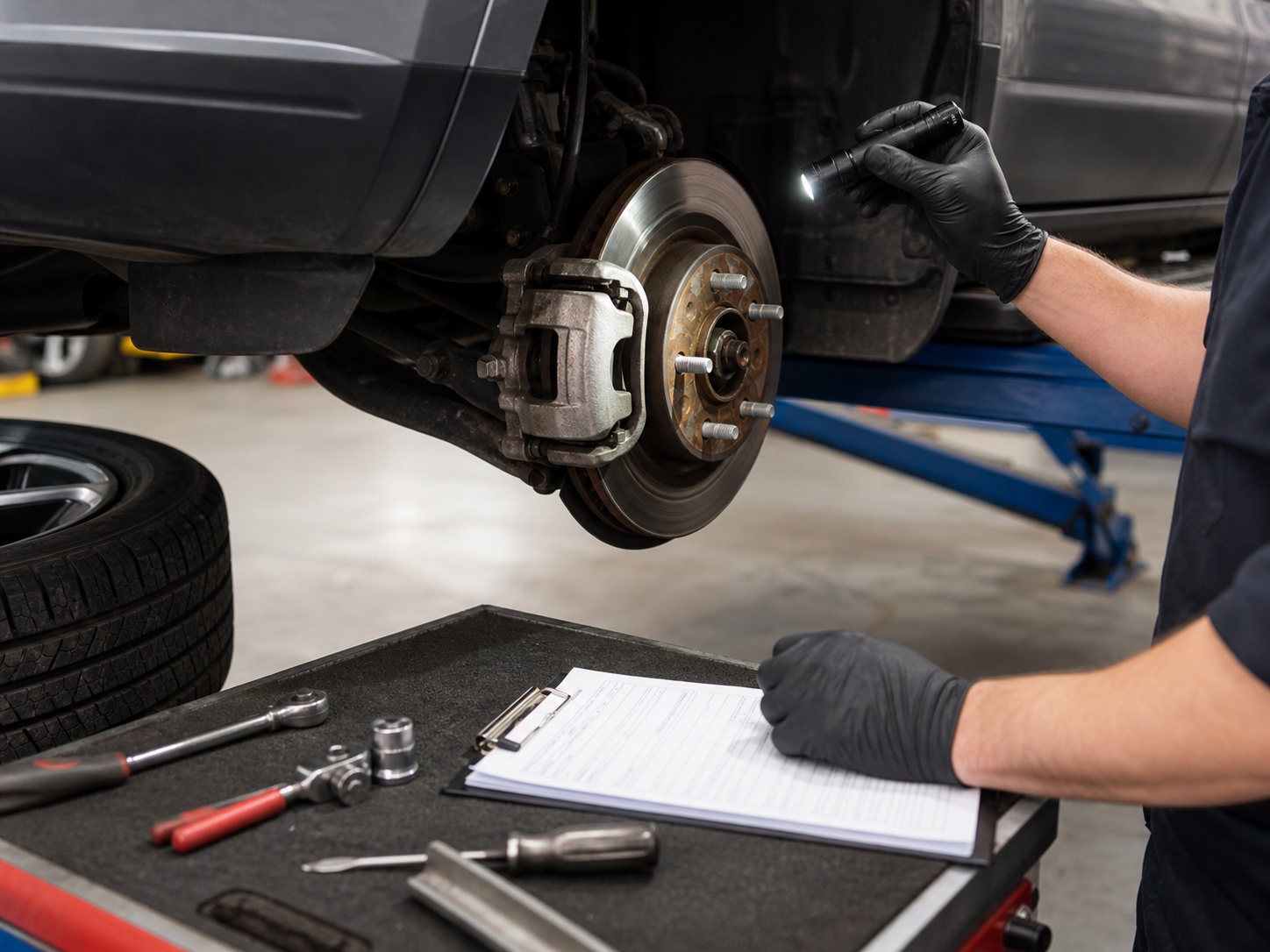 Generated placeholder image of a brake and wheel inspection in an automotive workshop.
