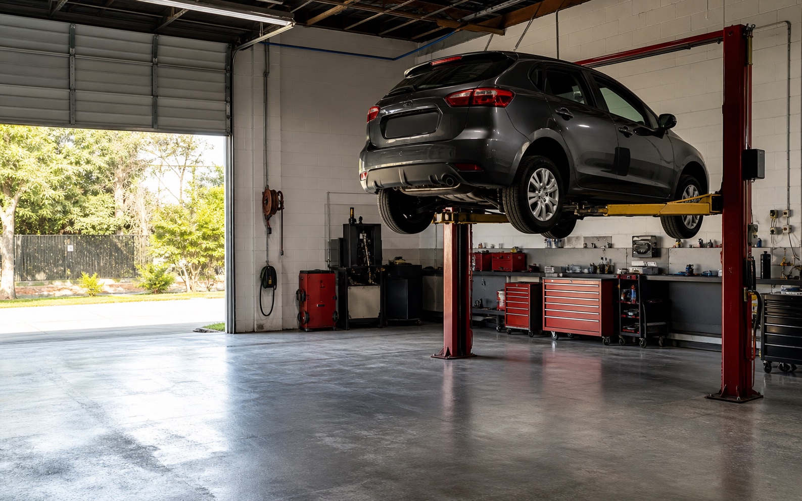 Generated placeholder image of a tidy independent automotive workshop bay with a vehicle on a hoist.